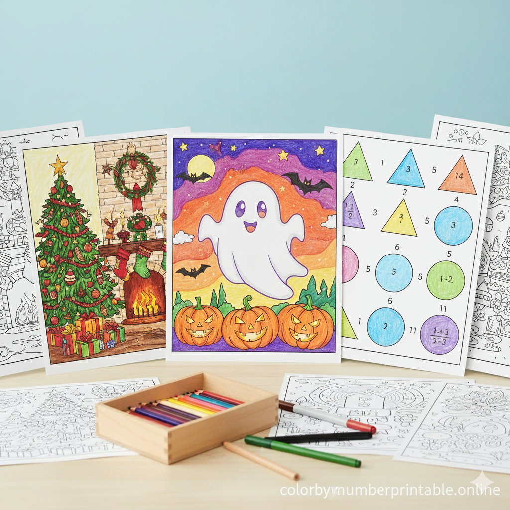 Free printable color by number pages for kids and adults, featuring Christmas, Halloween, and math-themed designs with clear number labels and vibrant outline details